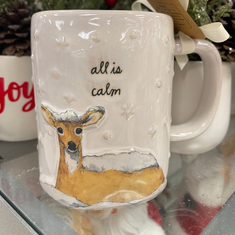 Rae Dunn Christmas Deer All is Calm Embossed Winter Snow Ceramic Coffee Mug NWT
